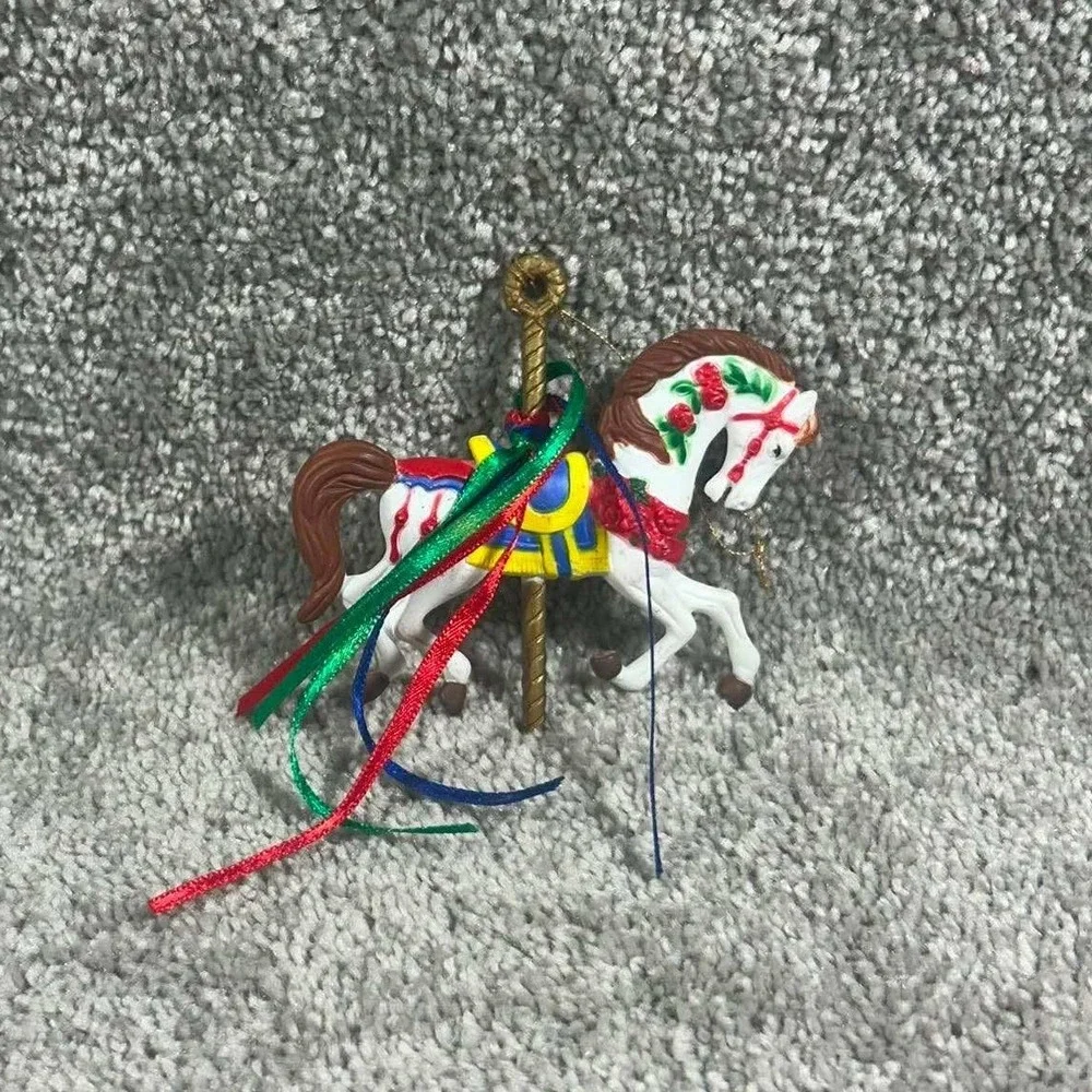 Carousel Horse Ornament White Red Rose Ribbon Vintage Style